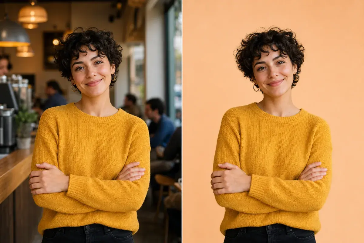 Before and after background cleanup on a creator portrait