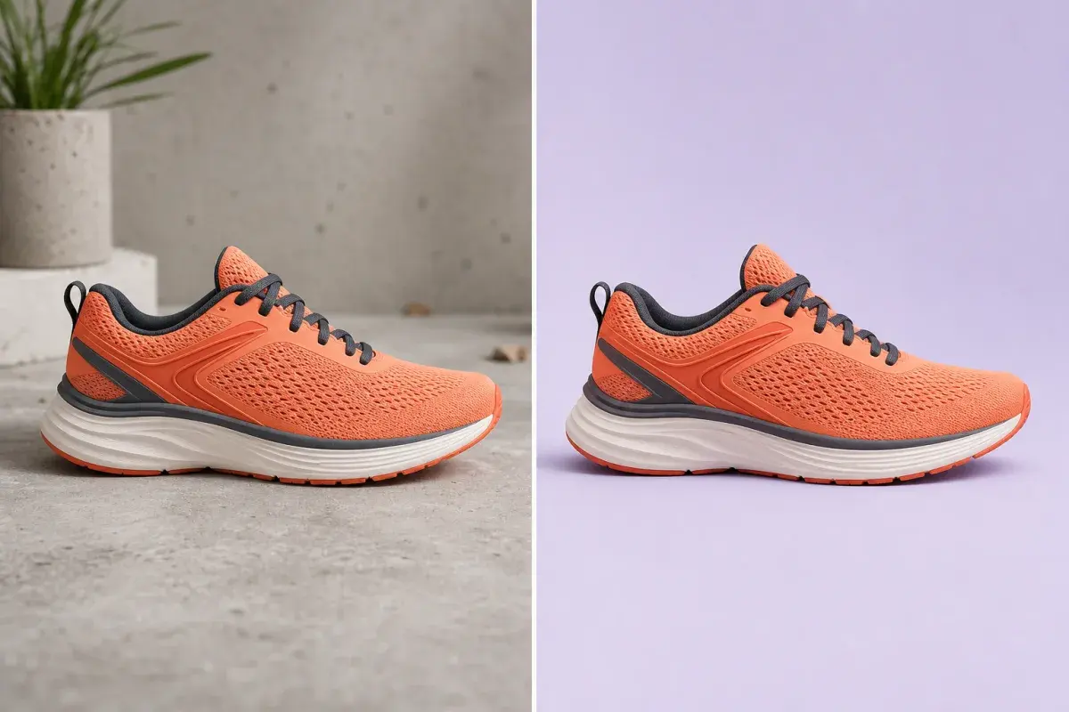 Before and after background cleanup on an orange running shoe