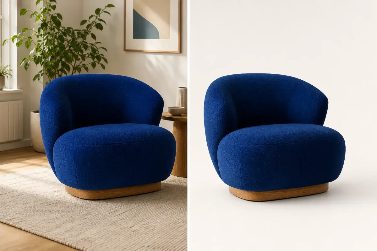 Before and after background cleanup on a blue lounge chair