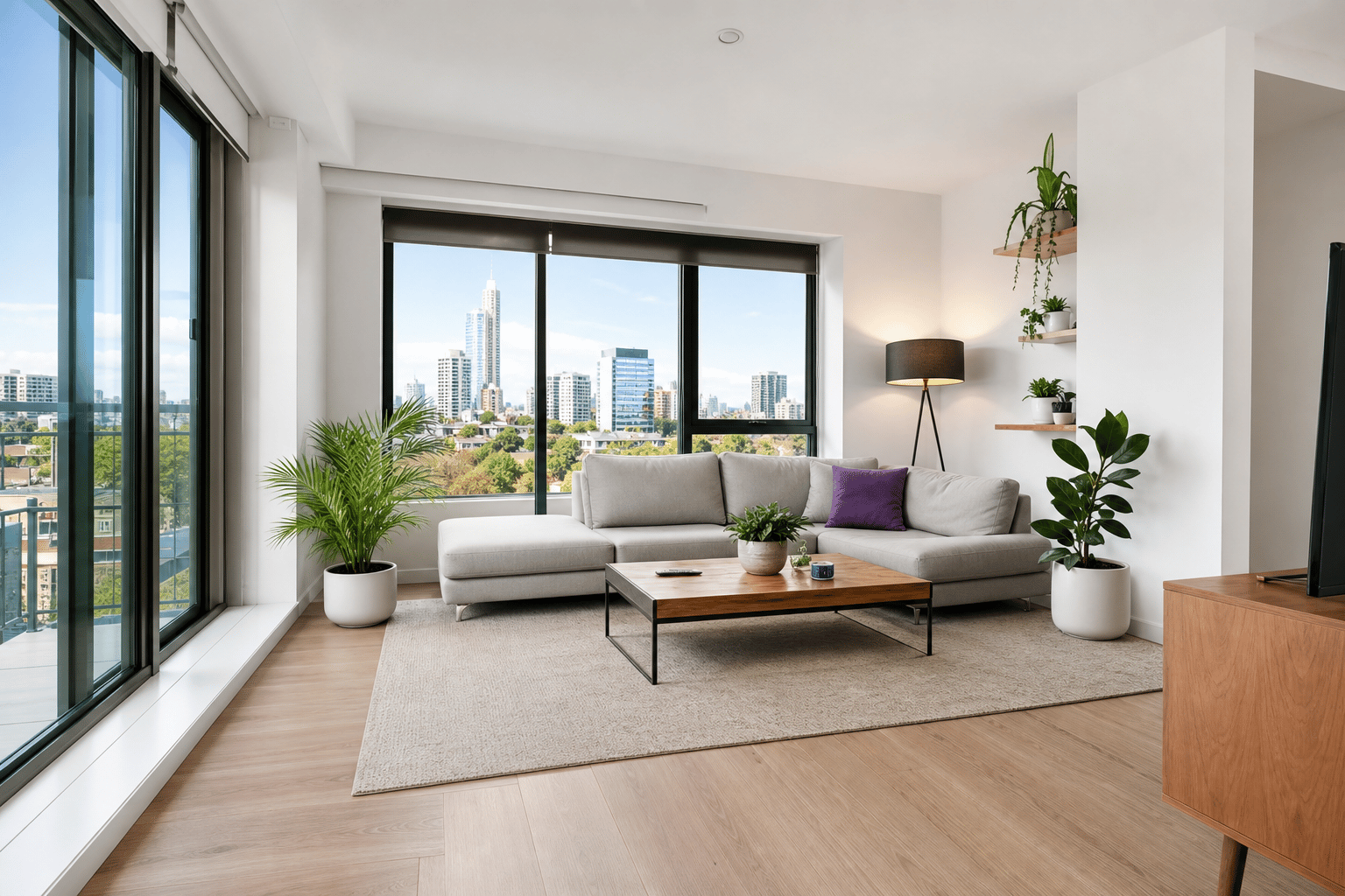 Bright apartment living room with clear architectural lines