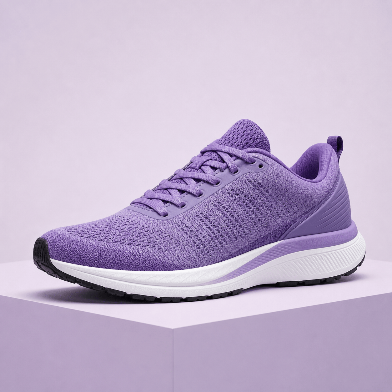 Violet running shoe in a clean ecommerce studio scene
