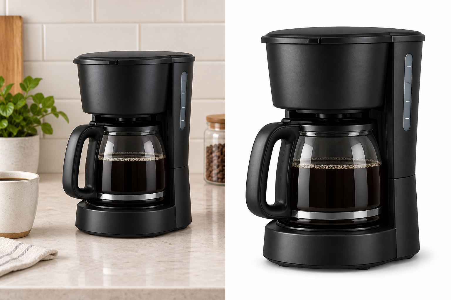 Coffee maker before background cleanup in a kitchen and after isolation on a clean white background