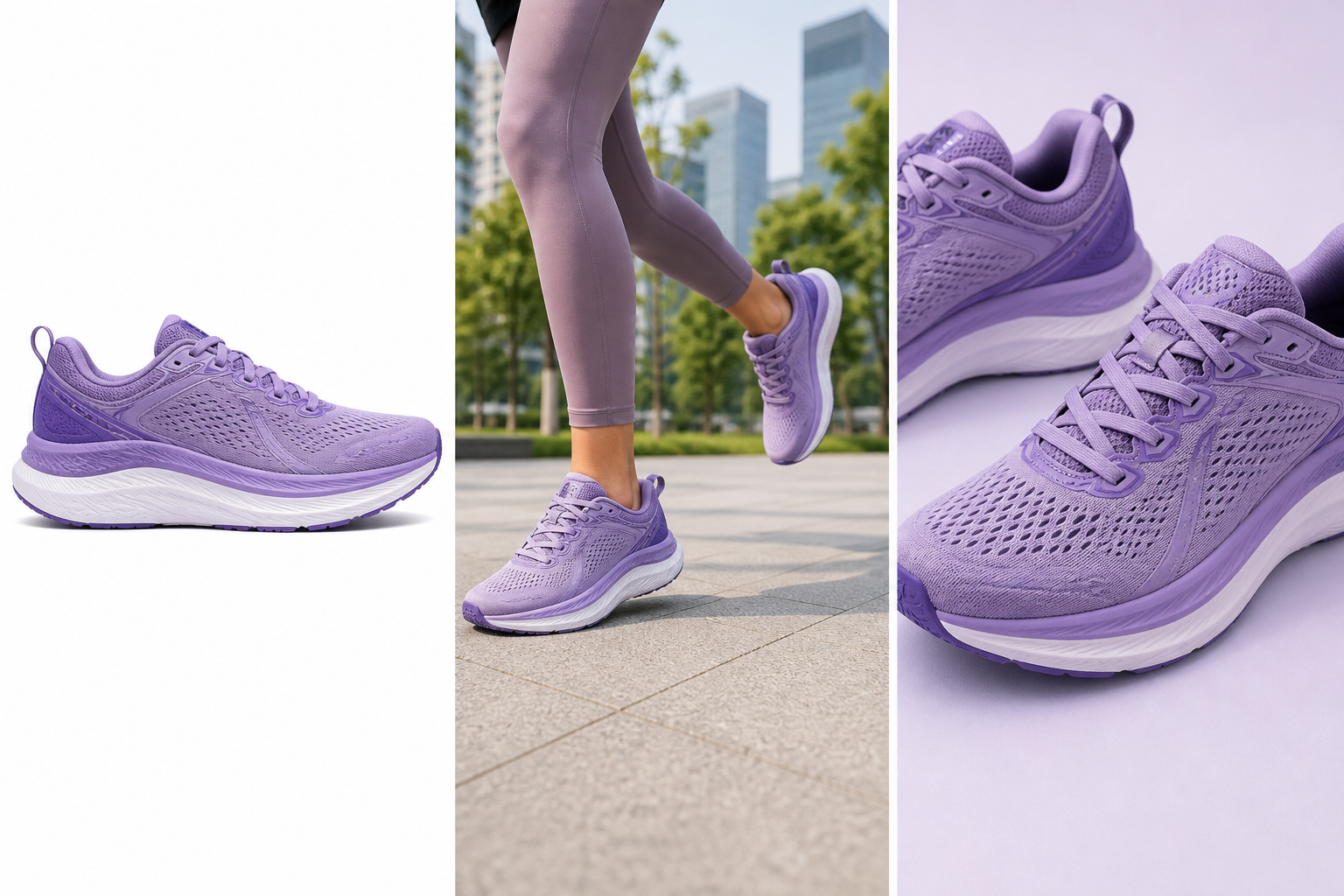 A violet running shoe shown as a pure-white main image, a lifestyle image, and a close-up feature image